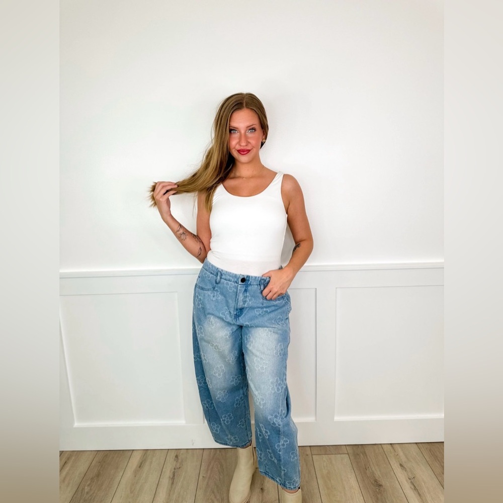 Easel Boho Pushing Petals High Rise Cotton Barrel Jeans